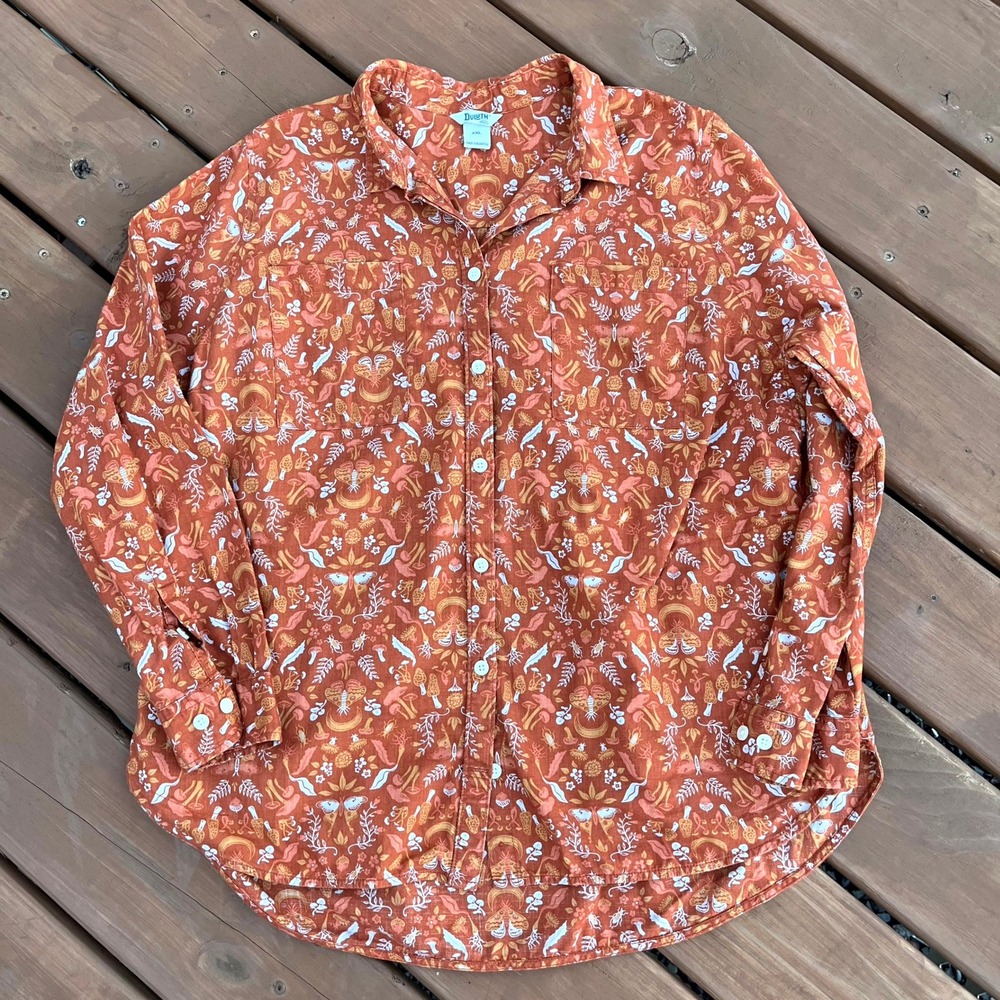 Duluth Trading Shirt Printmaker Long Sleeve Tunic Orange Mushroom Womens XXL 2XL